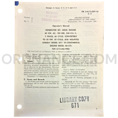 Technical Manual Change 3 (TM 5-6115-227-10) for Szekely Model 501 Generator Set November 1968 FSN 6115-606-9985