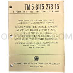 Technical Manual (TM 5-6115-273-15) for Cummins Model JS-6-G-KW, 50/60 Cycle Generator Set January 1962 FSN 6115-787-7110